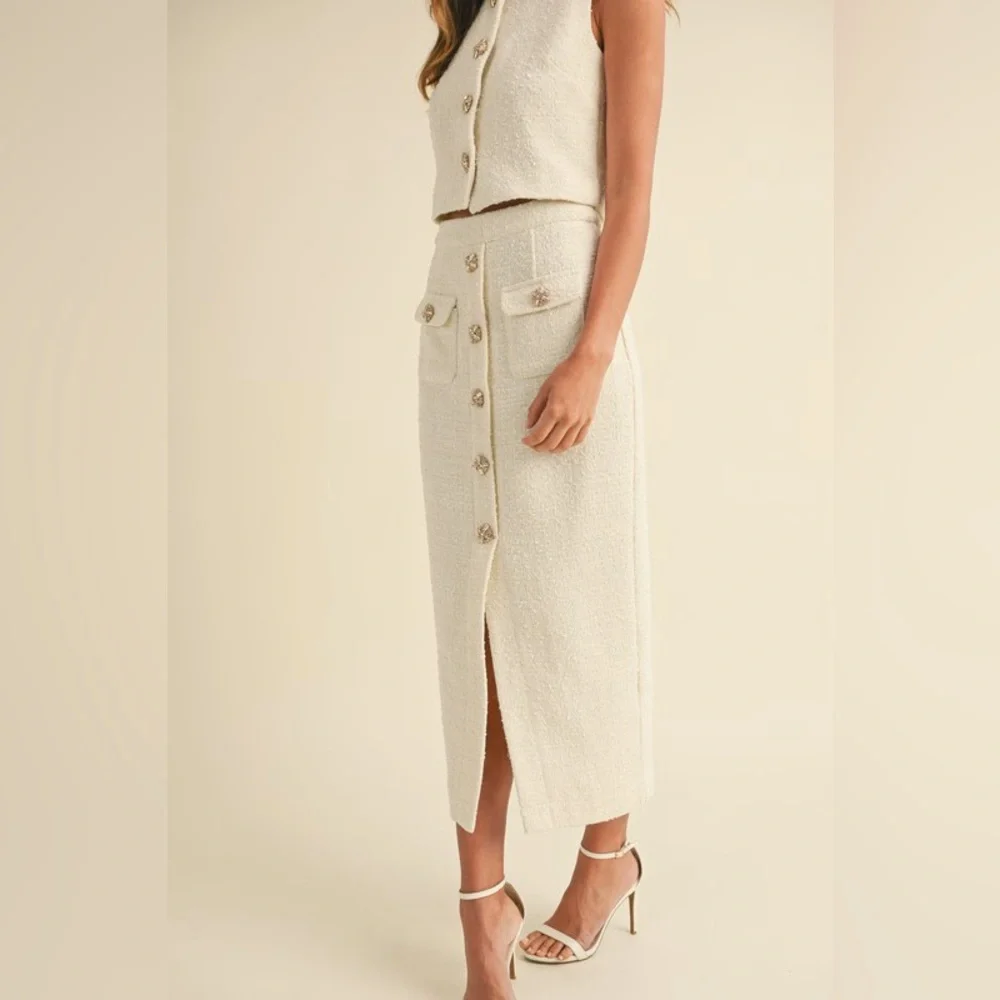 54. Sleeveless Tweed Top and Skirt Set with Jeweled Buttons in Cream - Picture 9 of 11